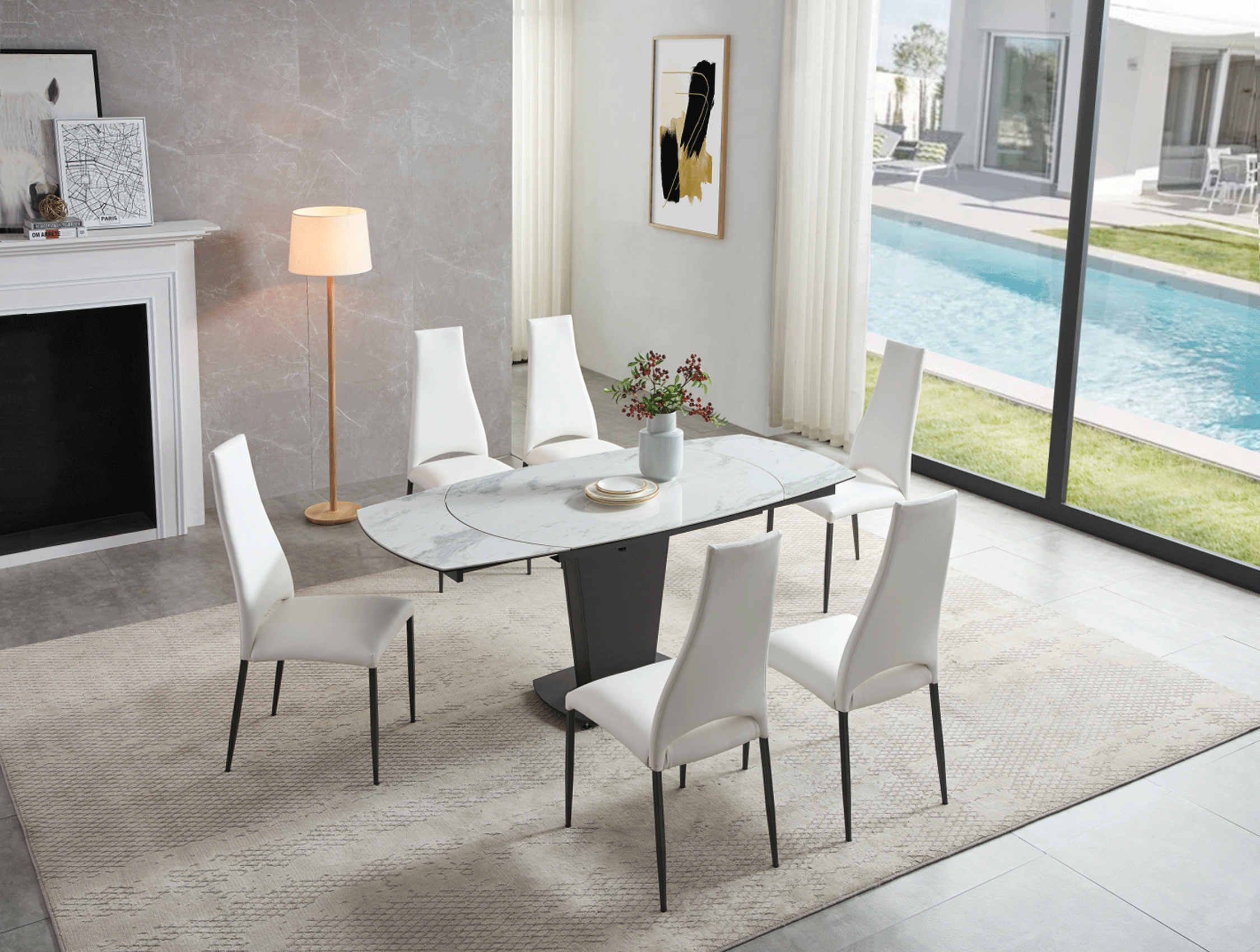 Dining Room Furniture Swivel Chairs 2417 Marble Table White with 3405 White Chairs
