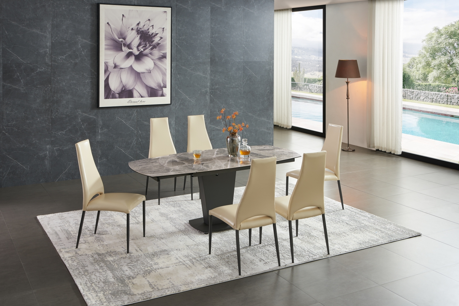 Dining Room Furniture Swivel Chairs 2417 Marble Table Grey with 3405 Chairs Beige