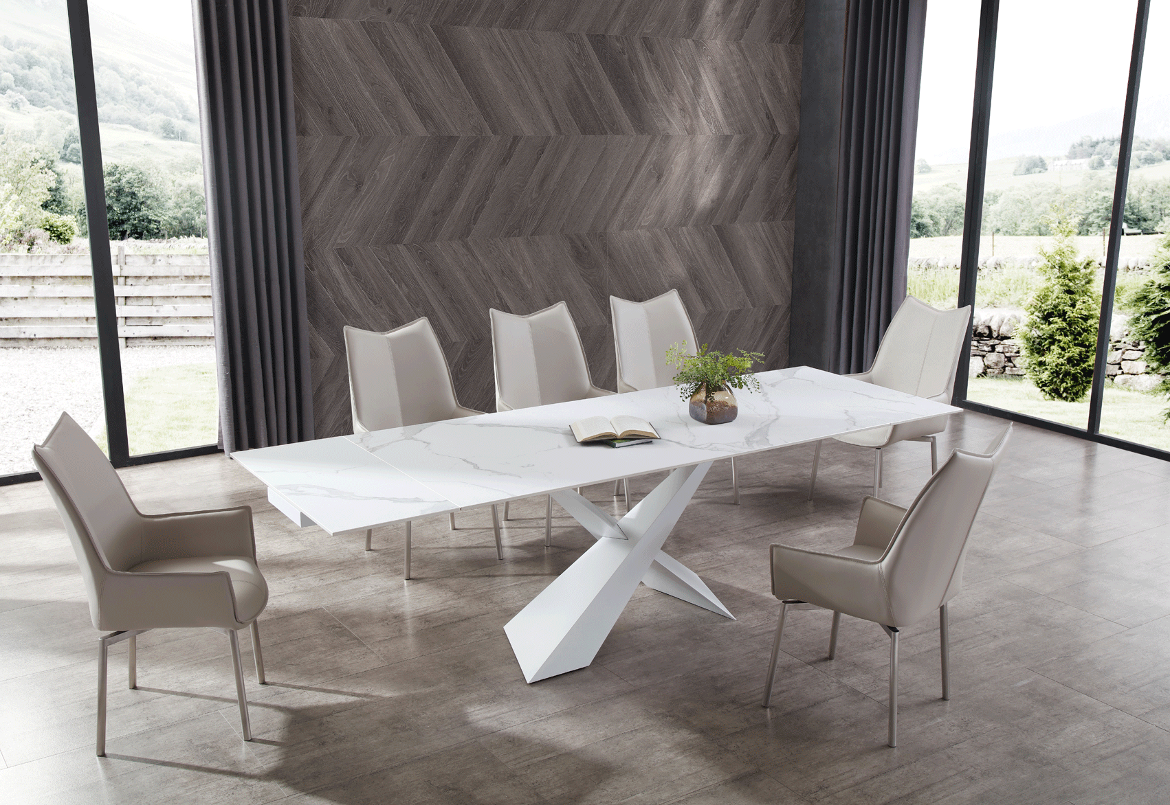Dining Room Furniture Marble-Look Tables 9113 Dining Table with 1218 swivel grey taupe chairs