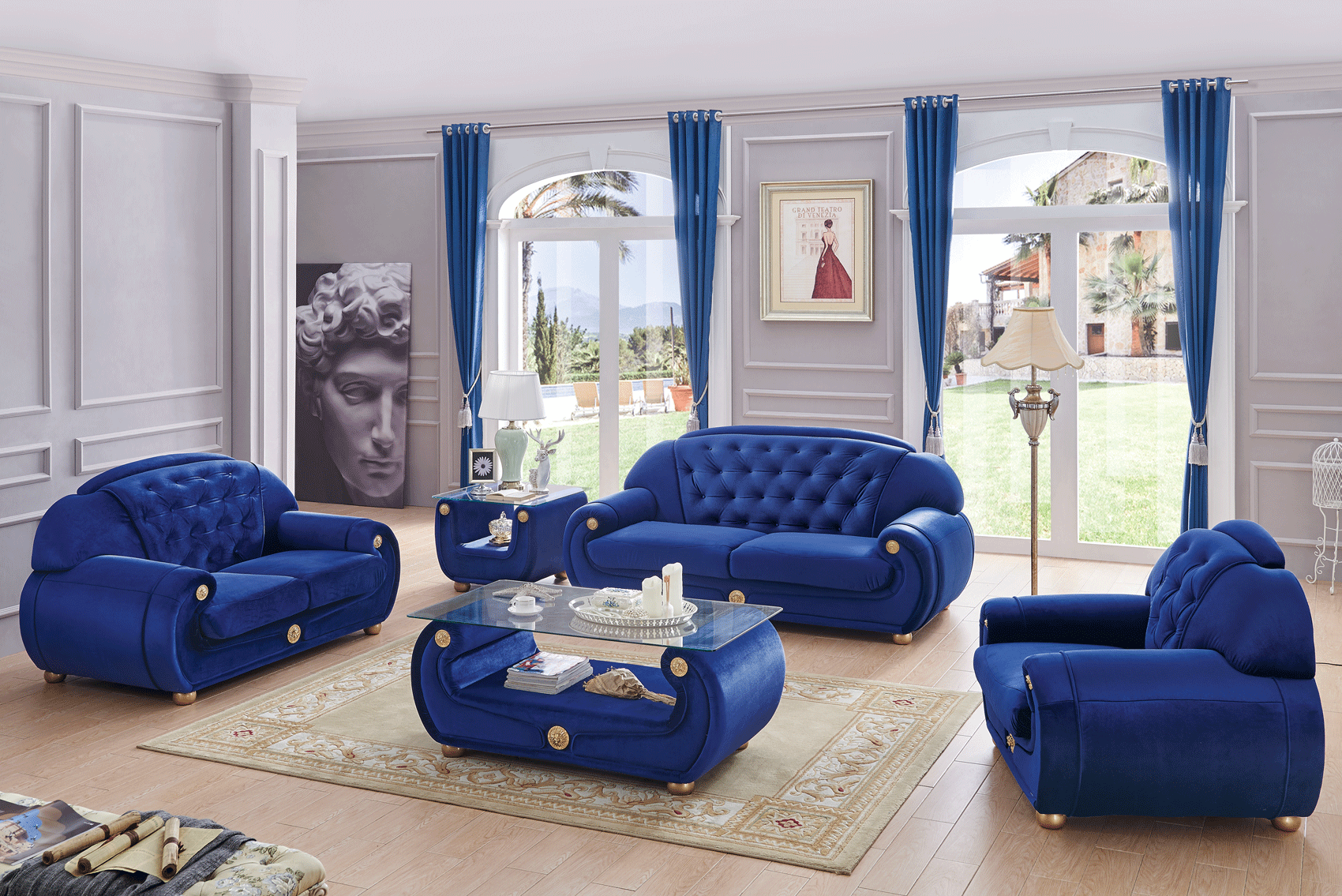 Living Room Furniture Reclining and Sliding Seats Sets Giza Fabric in Dark Blue