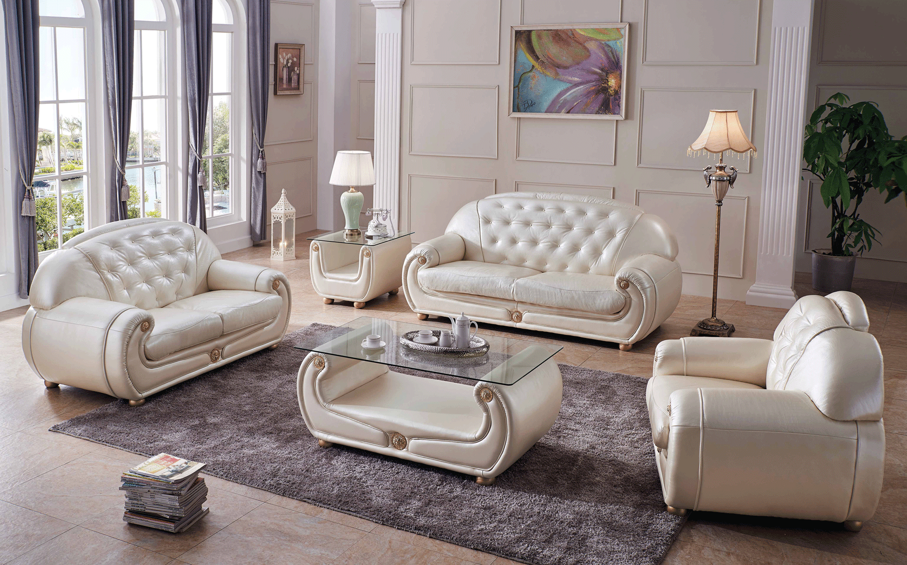 Living Room Furniture Sectionals with Sleepers Giza Full Leather in Beige