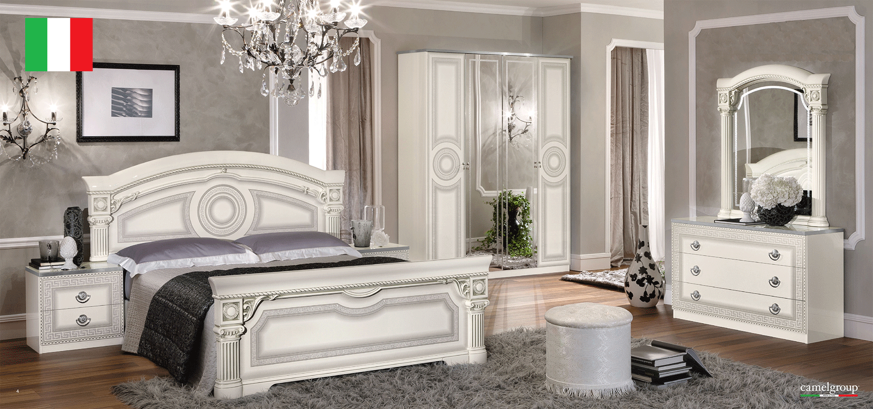 Dining Room Furniture Modern Dining Room Sets Aida Bedroom, White w/Silver, Camelgroup Italy
