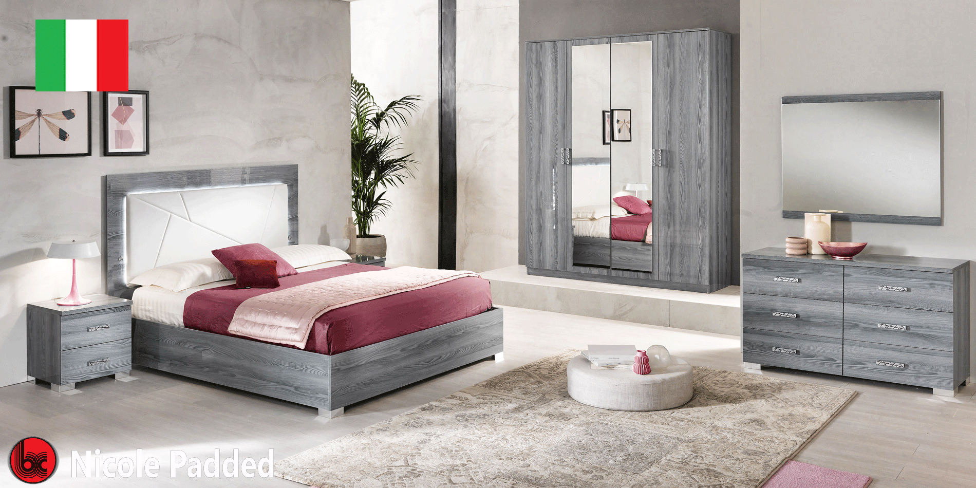 Bedroom Furniture Mattresses, Wooden Frames Nicole KS Bedroom w/ Upholstered HB in Grey w/ Light