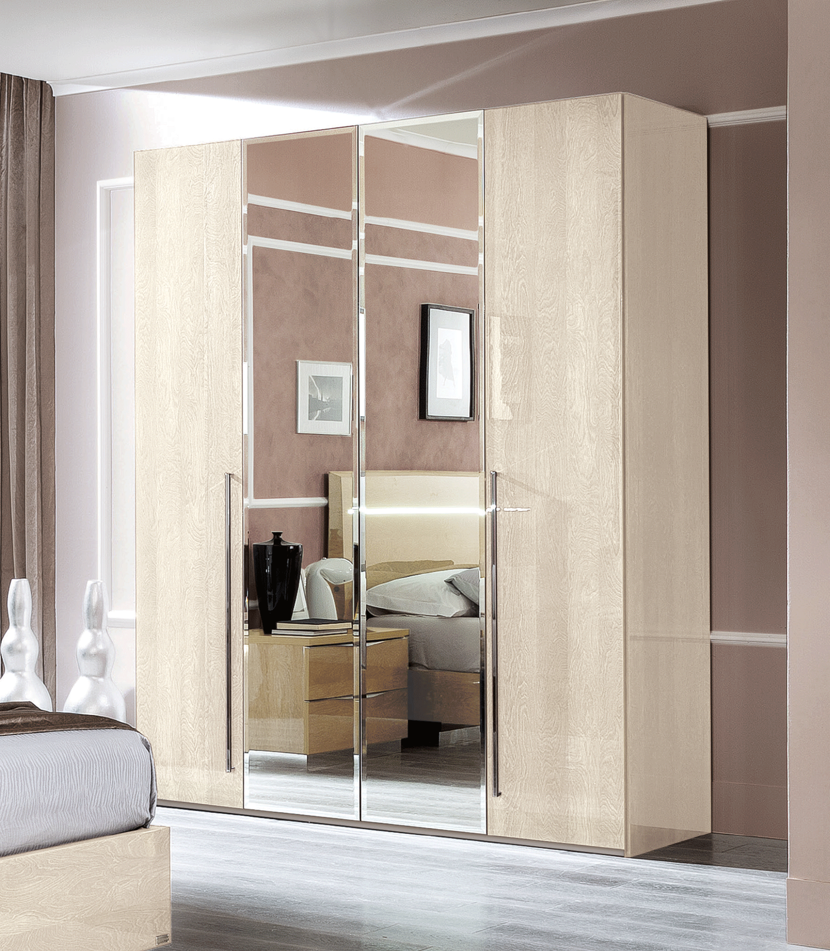 Bedroom Furniture Nightstands Maia/Platinum/Ambra 4 Door Wardrobe Betulla Sabbia