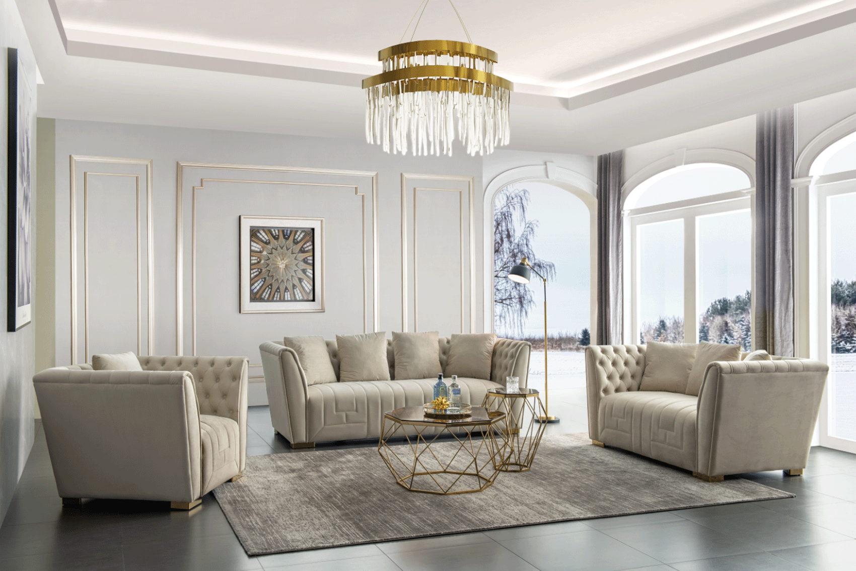 Living Room Furniture Sectionals PM15 LIVING ROOM SET BEIGE FABRIC