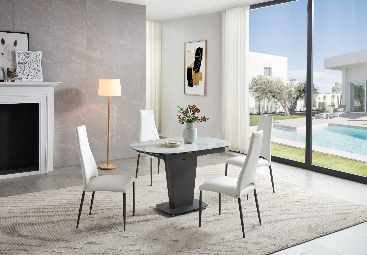 Dining Room Furniture Tables 2417 Marble Table White with 3405 White Chairs