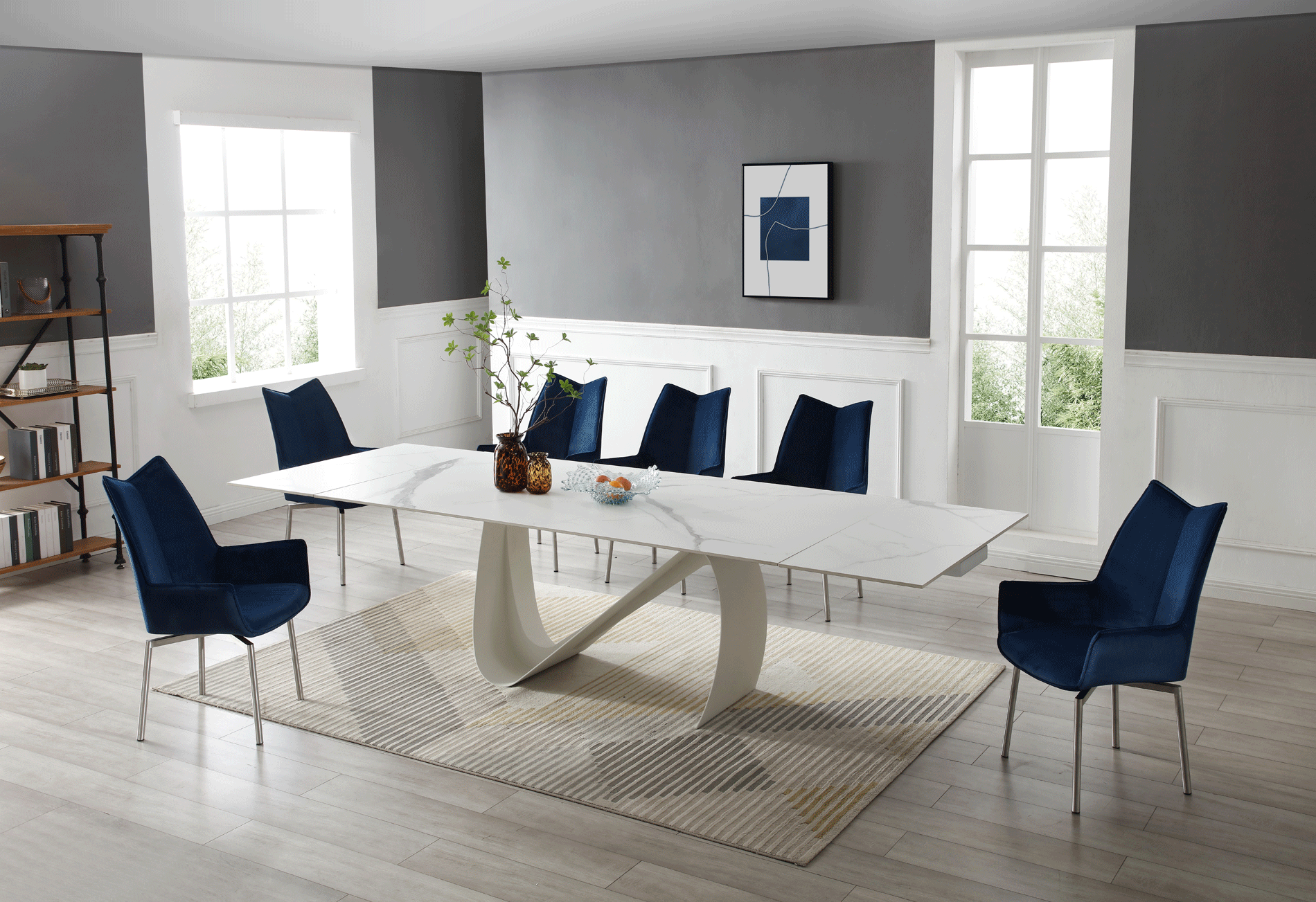 Dining Room Furniture Modern Dining Room Sets 9087 Table White with 1218 swivel blue chair
