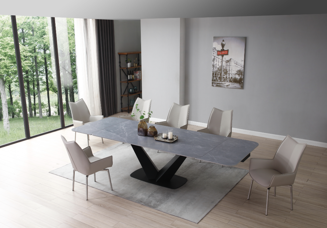 Living Room Furniture Reclining and Sliding Seats Sets 9436 Dining Table with 1218 swivel grey taupe chairs