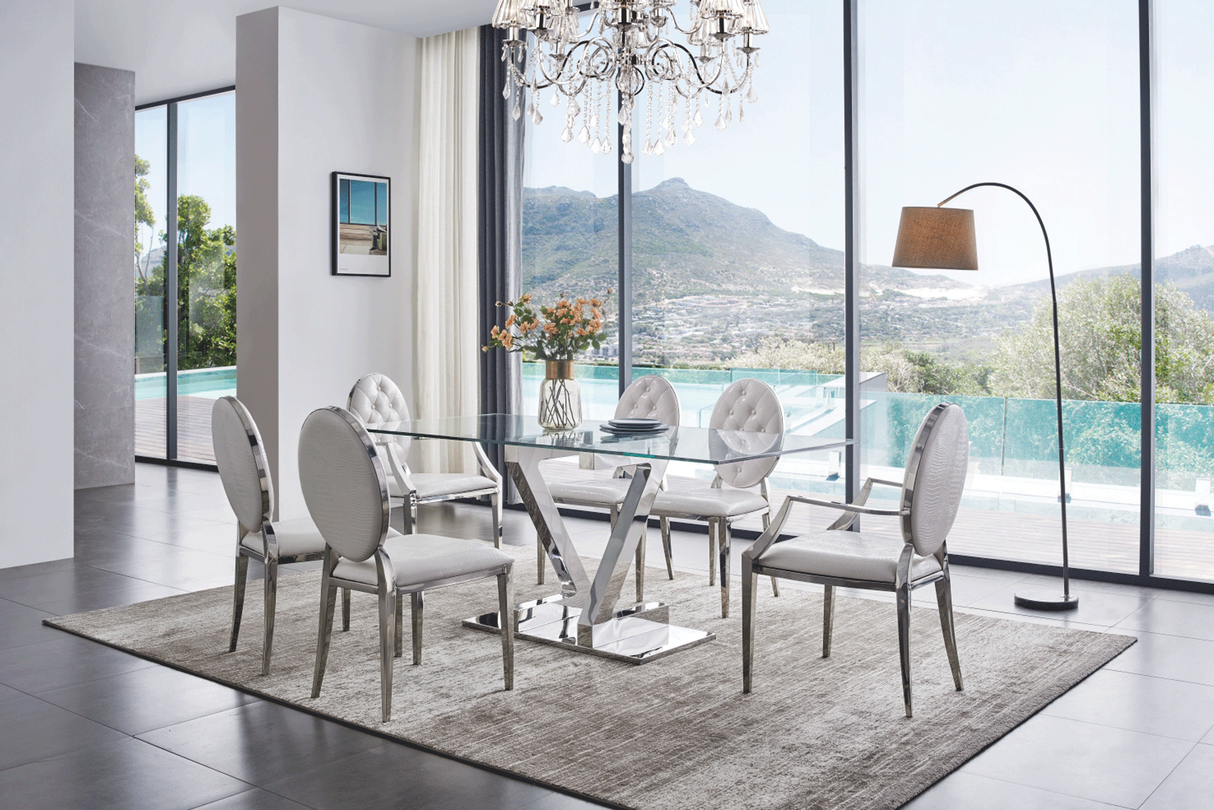 Wallunits Entertainment Centers Zig Zag Dining Table with 110 White Chairs